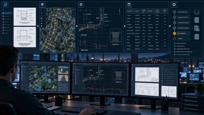 Engineering workstation showing standards, GIS layers, plan and section views and QA checks