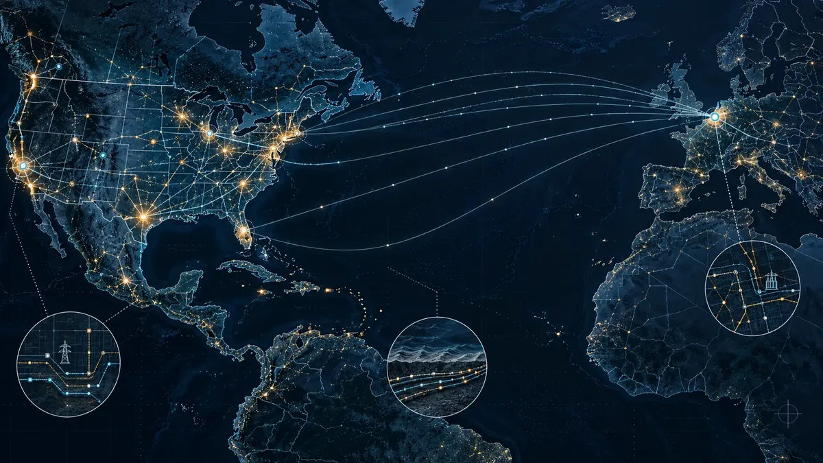 Atlantic-centred map connecting a Netherlands engineering hub to U.S. power markets