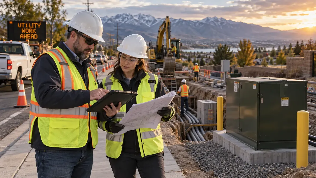 Consulting engineer and utility construction professional reviewing route plans beside an active underground project