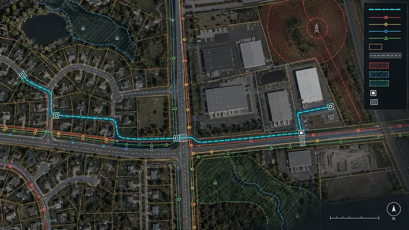GIS map with a proposed cable route, parcels and existing utilities