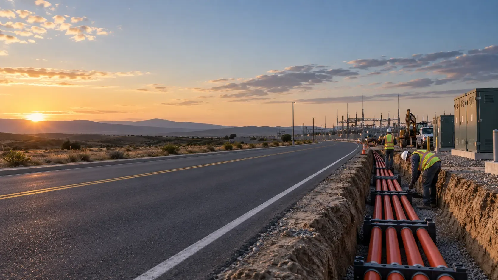 Underground medium-voltage duct bank being installed along a U.S. road corridor at sunset, substation in the distance