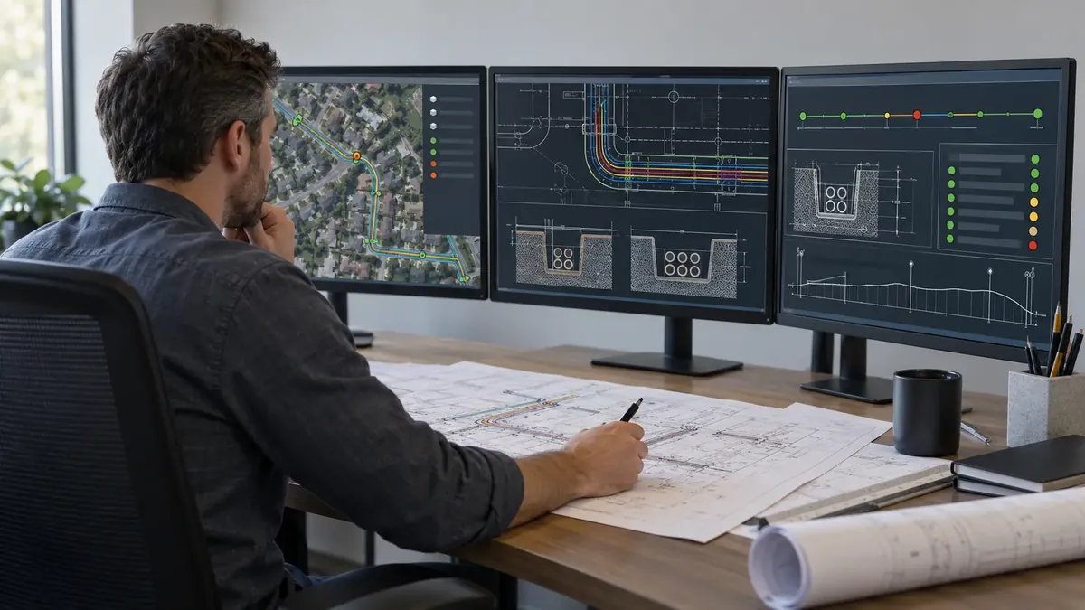 Engineer validating route mapping and duct-bank sections against printed drawings