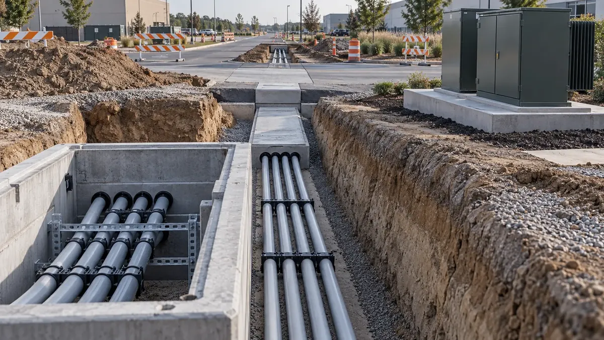 Underground distribution trench with vault and duct bank