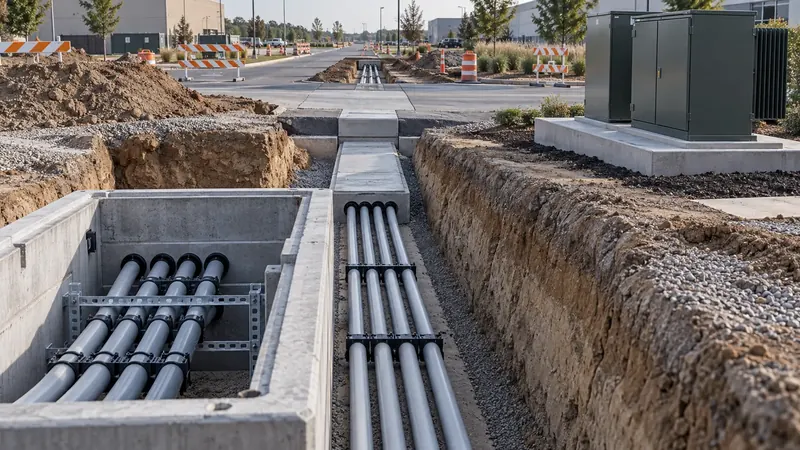 Concrete vault and duct bank in an open utility trench