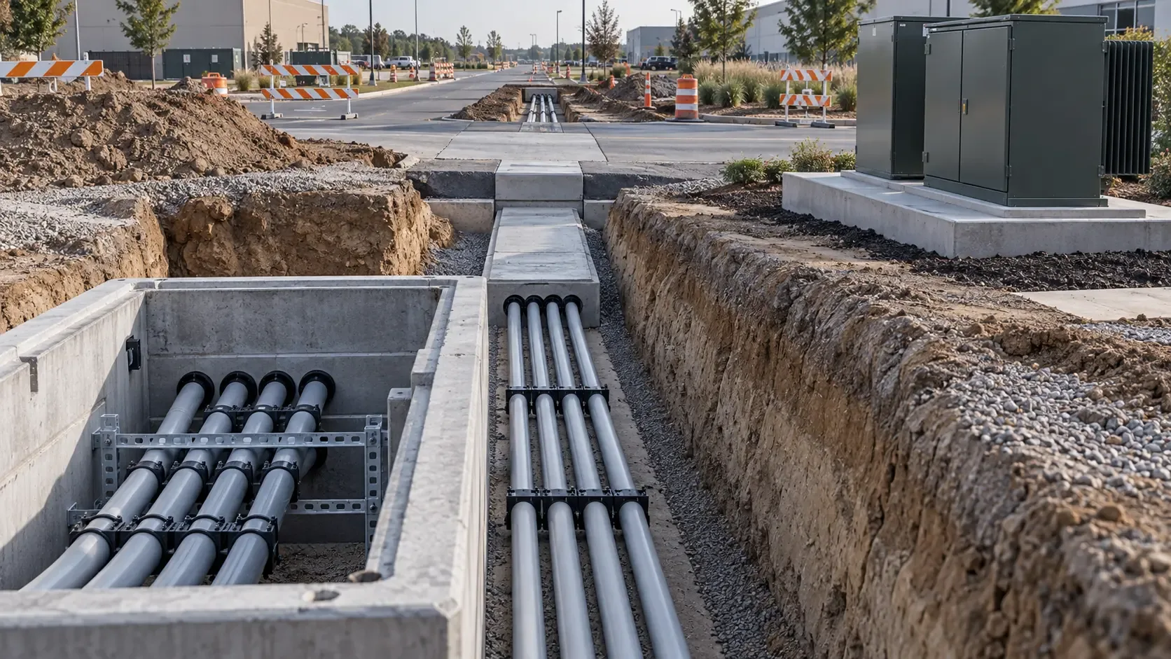Concrete vault transitioning to a multi-conduit duct bank, pad-mounted equipment beside the trench