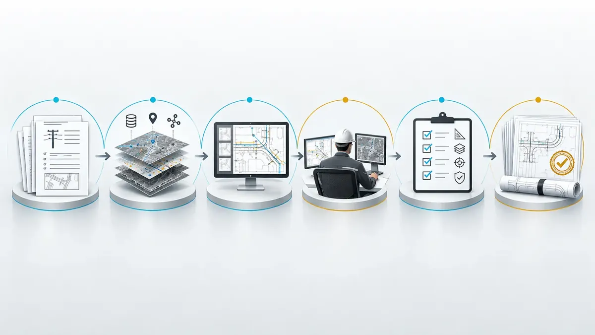 Six-stage delivery workflow from standards and data through production, validation and QA to the client-ready package